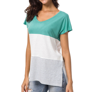 Larga primavera dividida de costura <span class=keywords><strong>desigual</strong></span> Fondo cuello grande de color de dos tonos t camiseta para las mujeres - Product Image 1