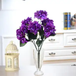 6 Kepala Purple Hydrangea Batang Tunggal Faux Sutra Hydrangea untuk Dijual