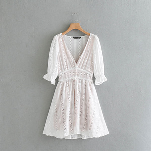 OEM ODM <span class=keywords><strong>ropa</strong></span> <span class=keywords><strong>mujer</strong></span> Sexy ver a través <span class=keywords><strong>de</strong></span> encaje 3/4 con cuello <span class=keywords><strong>en</strong></span> V y manga BOHO Vestido <span class=keywords><strong>de</strong></span> playa - Product Image 1