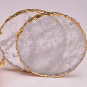 Dessous de verres en cristal quartz blanc, 5 pièces, plats ronds dorés, à la mode, élégants