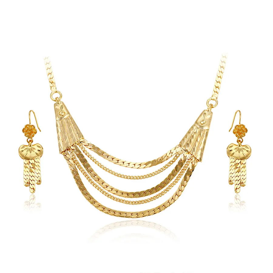 64235 Xuping Indiase Gouden Kleur Sieraden Luxe Ontwerp Twee Stukken Vrouwen Bruiloft Oorbel Ketting Sieraden Set