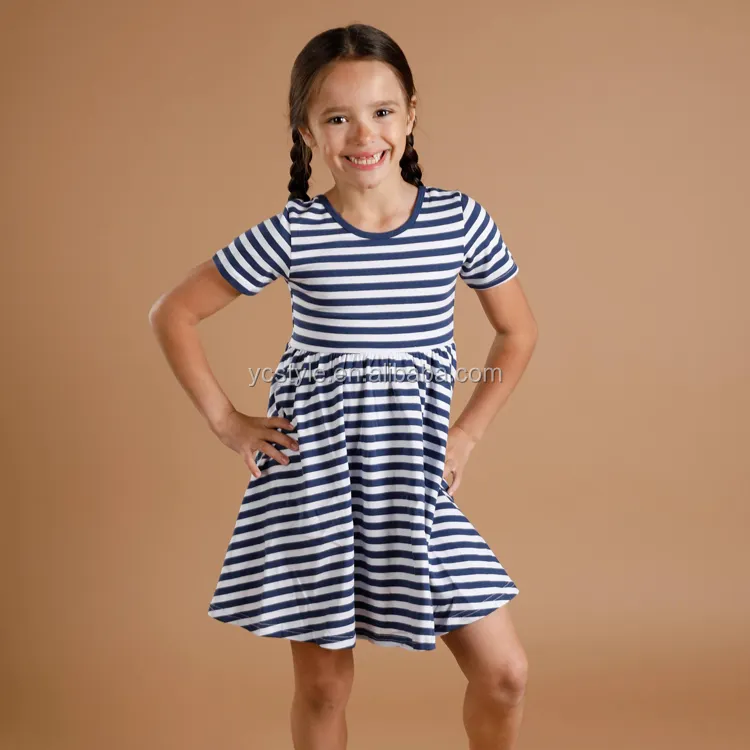Summer girl dress for 2 years to 8 years old kids, 95% cotton 5% spandex knitted fabric stripe twirly dress