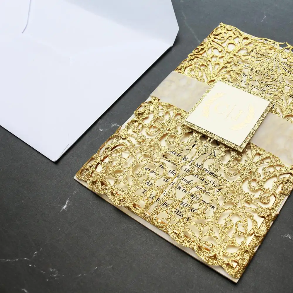 Золотистая блестящая Лазерная вырезка Свадебное приглашение фольгированная бумажная открытка с бандажом для живота