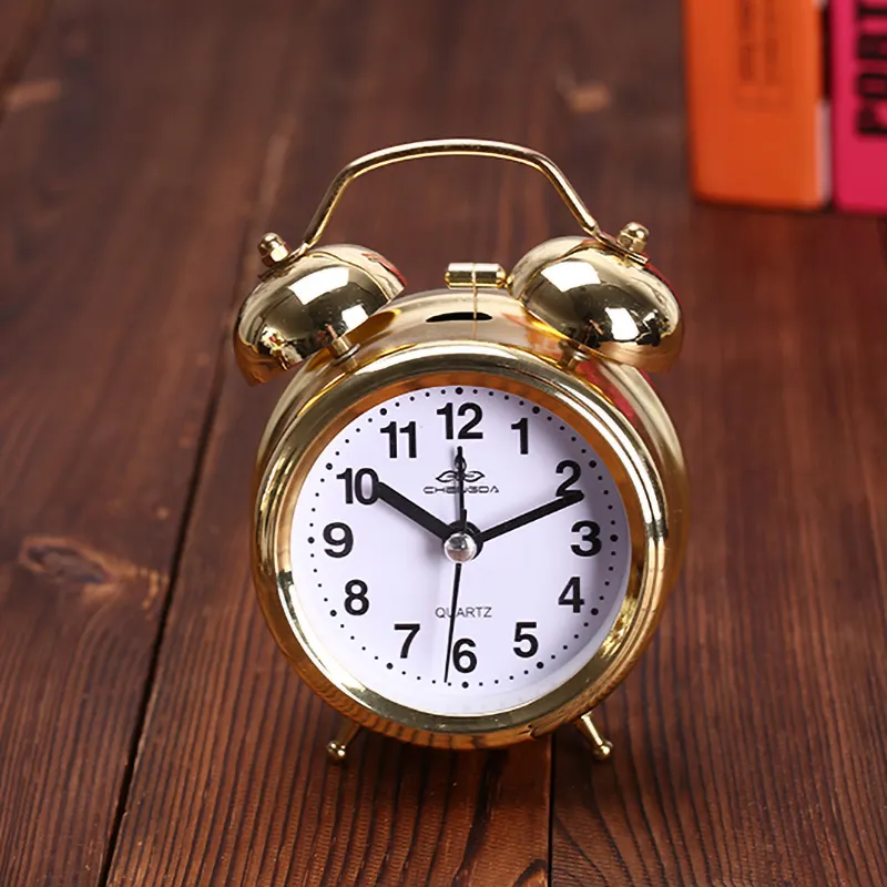 Reloj despertador antiguo, pequeño y barato, dorado, doble campana, alarma