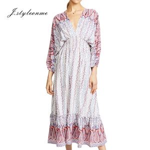 Nouveau Design Femmes Robe Imprimer V cou Lanterne Manches Manches Longues Taille Haute Super <span class=keywords><strong>maxi</strong></span> Robe Femmes - Product Image 1