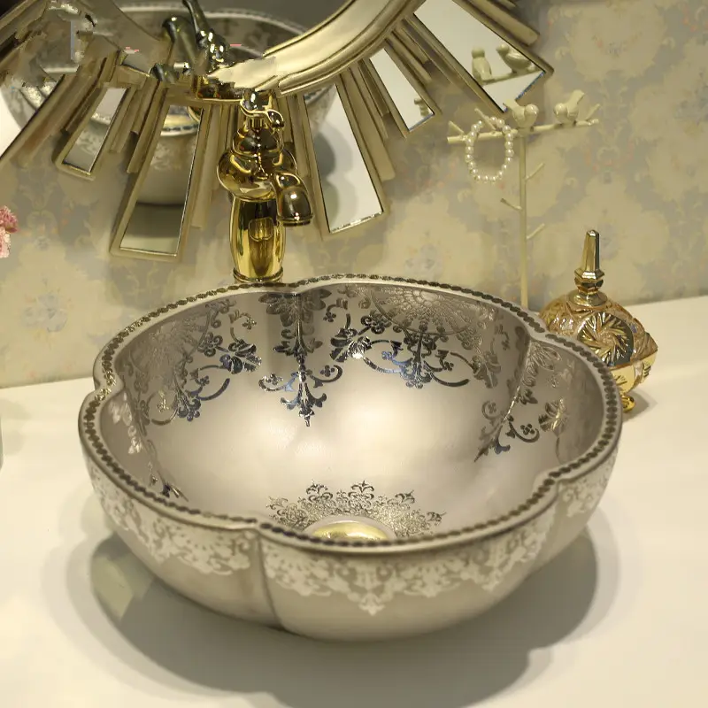 Lavabo con relieve artístico de plata de lujo, encimera de baño, cerámica, lavamanos, comedor