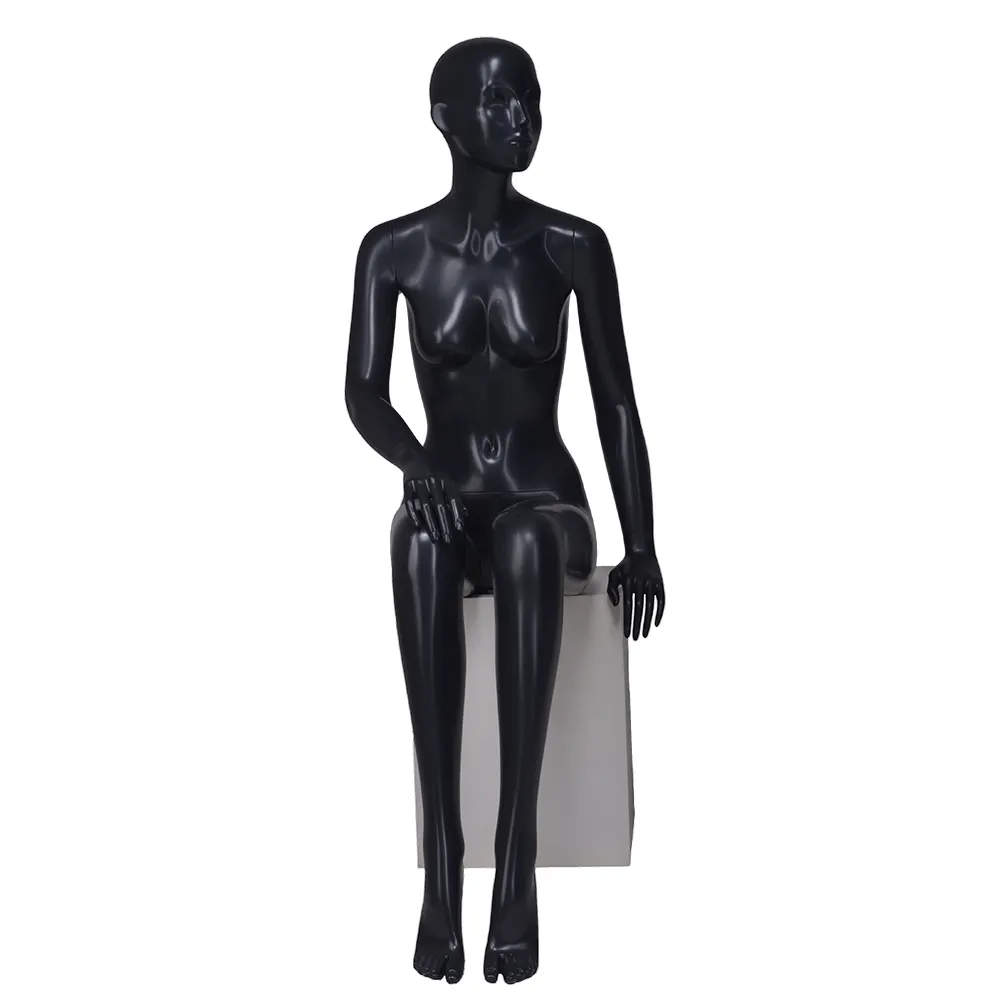 Glossy black realistic face beautiful busty curvy nude breast cheap female mannequin sitting