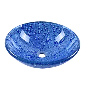 Lavabo redondo de cristal templado de 16 ''para baño, con diseño de gota de agua azul
