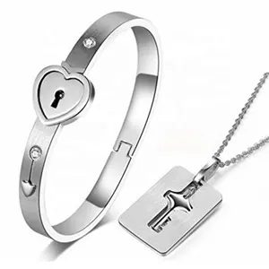 MECYLIFE Fashion Stainless Steel Jewelry Couple Jewelry Set Key Lock Necklace Bangle With Zircon Jewelry Sets