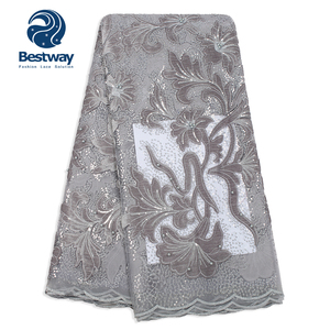 Bestway 아프리카 도매 하늘색 스팽글 벨벳 레이스 패브릭