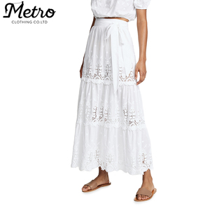 Women Sheer Cotton Flower Embroidery Crochet Trim <strong>Maxi</strong> <strong>Skirt</strong> <strong>White</strong> <strong>Skirt</strong> - Product Image 2