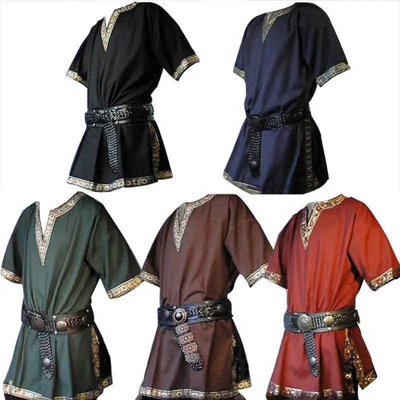 Hommes adultes Chevalier Médiéval Déguisement Guerrier Vert Tunique Vêtements Norman Chevalier Tresse Viking Pirate Saxon GN Top Chemise Pour Hommes