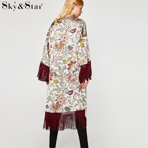 2018 de moda de <span class=keywords><strong>manga</strong></span> larga borla larga floral <span class=keywords><strong>kimono</strong></span> chaqueta - Product Image 3