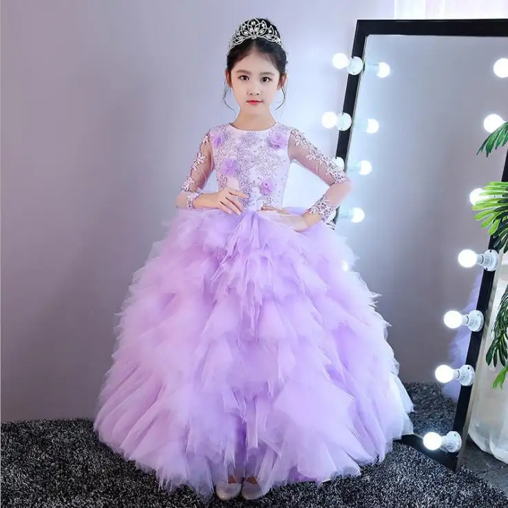 2019 Instagram fashion beautiful girls Compere dress school girls favorite quality purple tulle flower girl dress