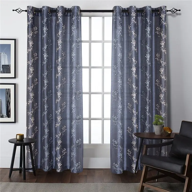 Wholesale high-grade slate blue flower embroidered faux silk curtain