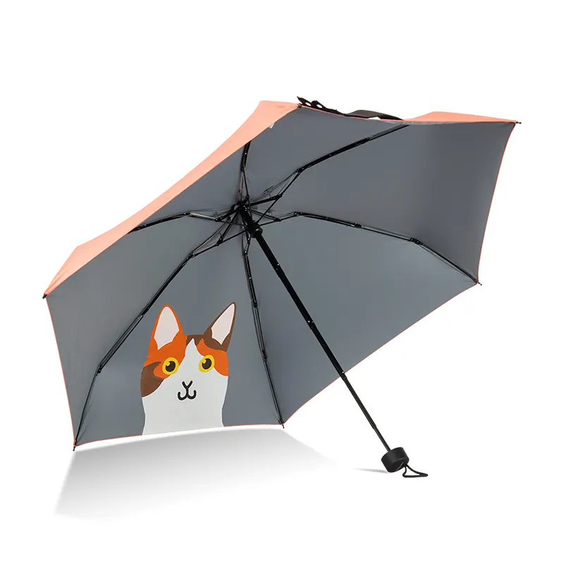 Guarda-chuva com 5 dobras, mini guarda-chuva com estampa de gato, anti uv, para adultos pongee 190t