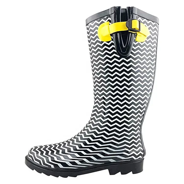 Impreso personalizado botas de agua de lluvia de mujer botas altas botas de venta al por mayor de moda al aire libre botas de agua con hebilla ajustable