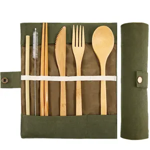 Palillos de paja de bambú hechos a mano, cuchillo, tenedor, cuchara, juego de cubiertos con bolsa portátil