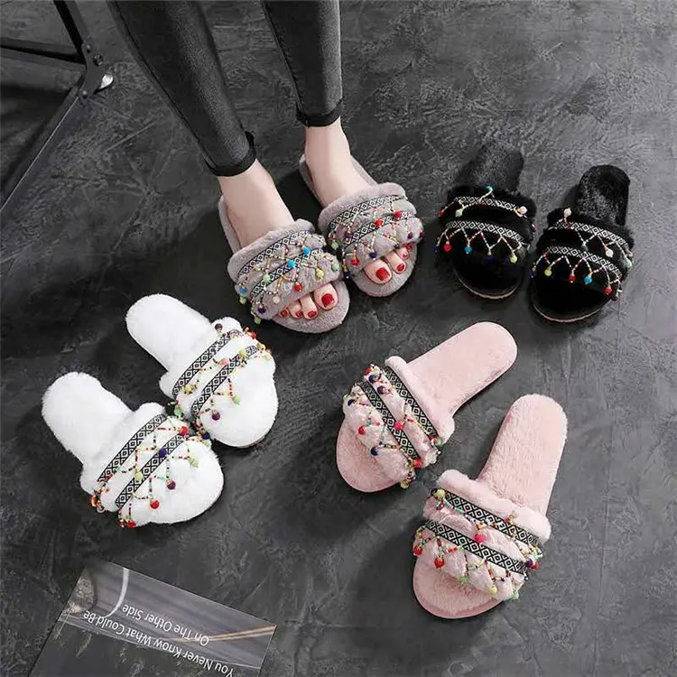 Slippers Indoor Comfort Schoenen Bont Warm met etnische stijl grijs bont pluche fashion slides