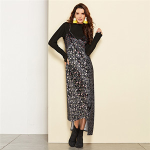 Échantillon Disponible Sexy Automne Hiver Velours Floral Spliced V Cou Noir Couleur Maxi De Courroie De Gaine Robe - Product Image 4
