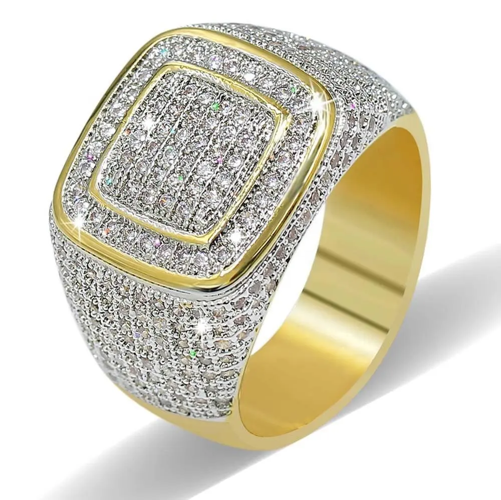 Round Square shape AAA+Cubic Zircon Ring Copper Material Gold Silver plated Iced Out Full CZ Hip Hop Rings Men's Fashion Jewelry