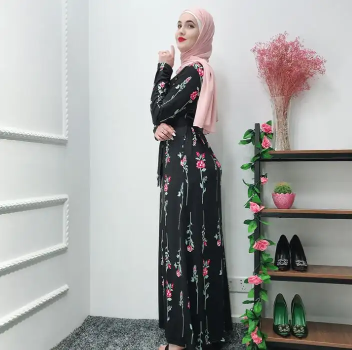 Son moda tasarım abaya giymek kolay müslüman kıyafetleri kadın baskı çiçek uzun boy elbise abaya