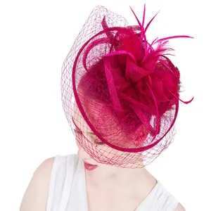 Chapeaux de cérémonie pour femmes en sinamay et mousseline, ornés de fleurs et de plumes, pour fêtes et mariages - Product Image 1