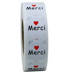 Hybsk-pegatinas redondas francesas de agradecimiento, etiquetas adhesivas blancas con corazón rojo, 1.000 etiquetas por rollo, 1 pulgada