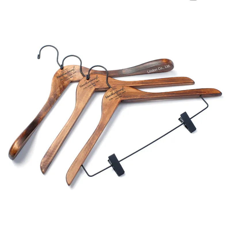 Lindon Custom Set Antieke Donkere Houten Pak Kleerhangers Met Mat Zwart Haak