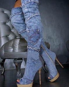 Fashion Zipper <strong>Wedge</strong> Stiletto Platform Over the Knee Girls <strong>Boots</strong> Stretchable Denim Peep Toe Pointy Toe Long <strong>Boots</strong> - Product Image 3