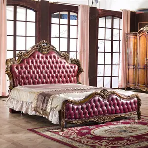 OE时尚新款经典酒红色皮革卧室床套装家具