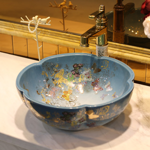 <span class=keywords><strong>Lavabo</strong></span> in Ceramica di Jingdezhen Design a Farfalla, Lavandino da Appoggio in Porcellana Nero e Blu a Forma di Fiore per <span class=keywords><strong>Bagno</strong></span> - Product Image 3