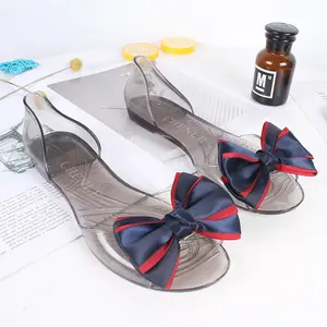 New Style Non-Slip Women Jelly Shoes Stylish Pvc Bow Flat Sandals Plastic Jelly Transparent Soft Shoes Wholesale