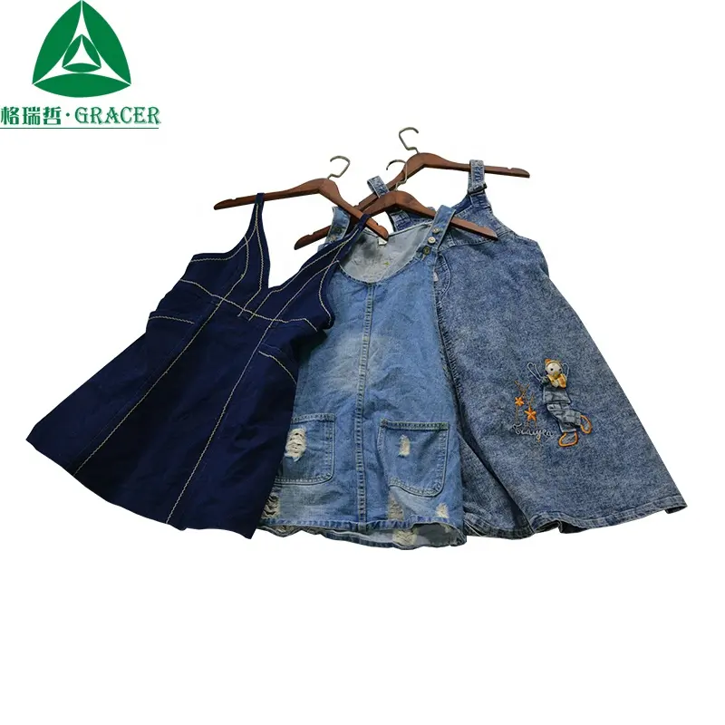 Wholesale used clothes in bale girl and women wear jeans skirt denim strap dress