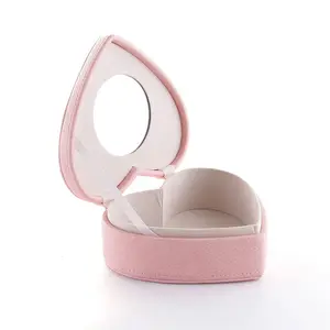 Small Heart-Shape Leather velvet jewelry box jewelry case with mirror for girls used to storage ring earring lipstick pink