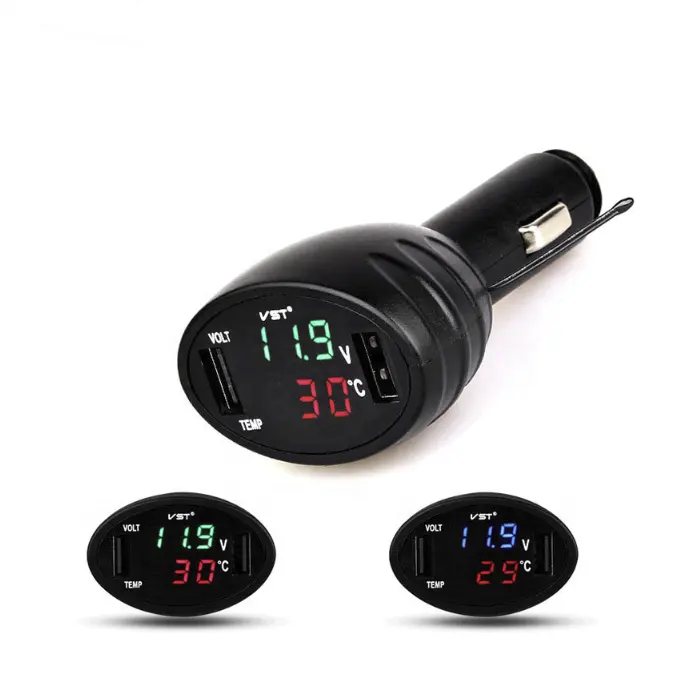 Voltmeter Monitor Termometer Digital LED 3 In 1, Kit Pengukur Suhu Pemantik Rokok Dua Port USB 2,1 A