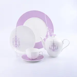 High quality fashion purple white wedding hotel restaurant new fine bone china dinnerware tea cup set and dinner plate set