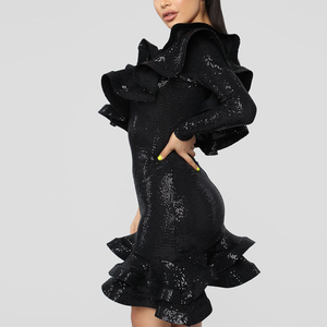 2019 nero una spalla volant sirena abito da ballo donne - Product Image 2