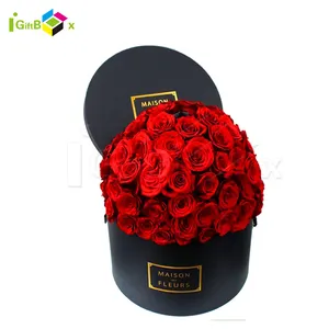 Luxus konservierte individuell bedruckte schwarze Pappe Geschenk verpackung Runde Hut Blumen kasten/Rose Hut Box mit Deckel