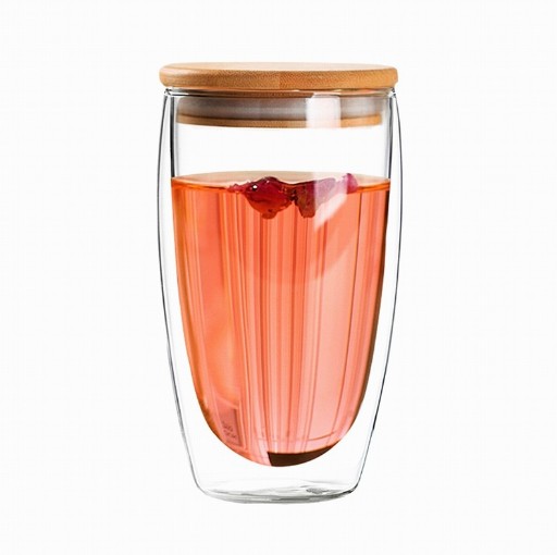 250ml 350ml 450ml Insulated Double Wall Borosilicate Glass  Coffee Cup with bamboo lid