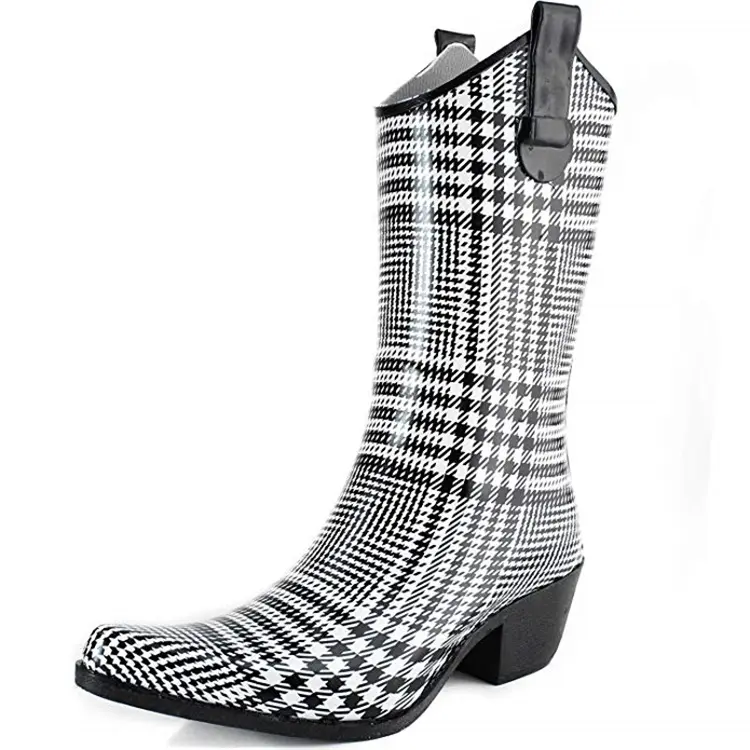 नई शैली फैशन पश्चिमी उच्च एड़ी अमेरिकी फैंसी महिलाओं चरवाहे रबर बारिश जूते