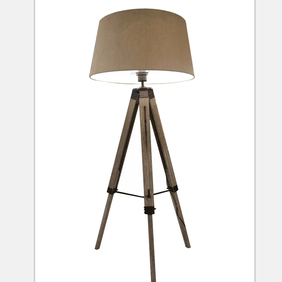 Lámpara de pie ajustable Vintage, pantalla de tela de lino con trípode, Base de madera Natural