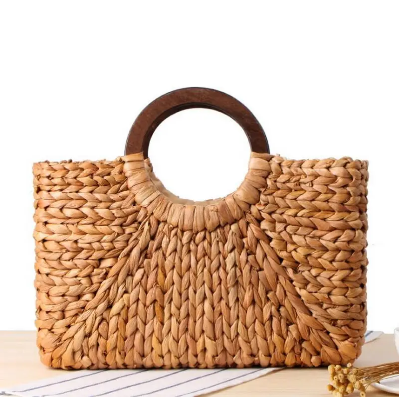 Borse da donna fatte a mano con buccia di mais borsa da vacanza in Rattan da spiaggia con manico in legno fodera in poliestere borsa di paglia