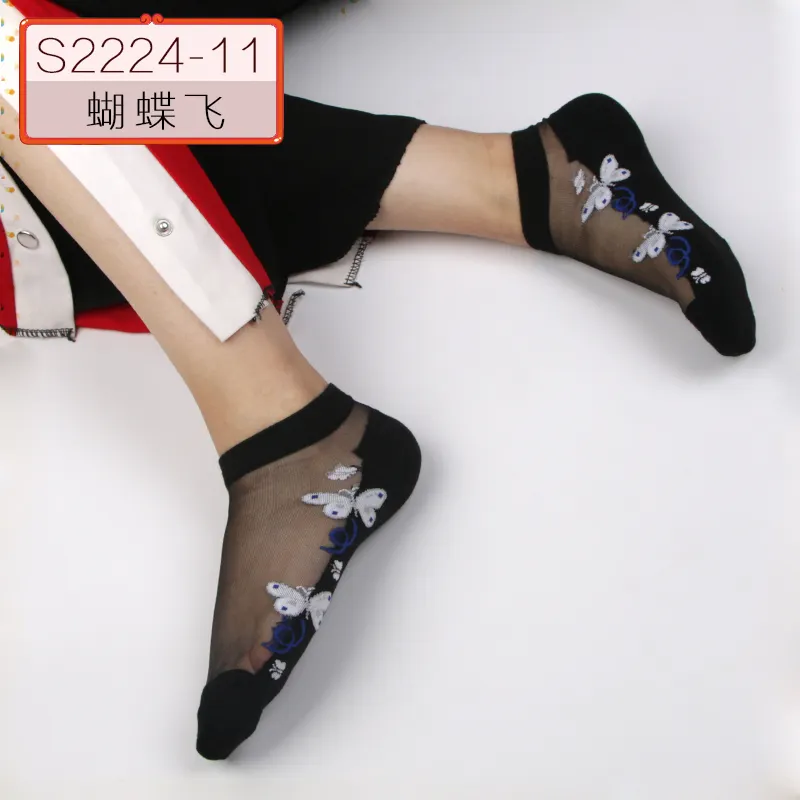 2019 Women Flower Crystal Black Silk Lace Socks Sheer Mesh Low Cut Girl Socks Transparent Short Ankle Socks