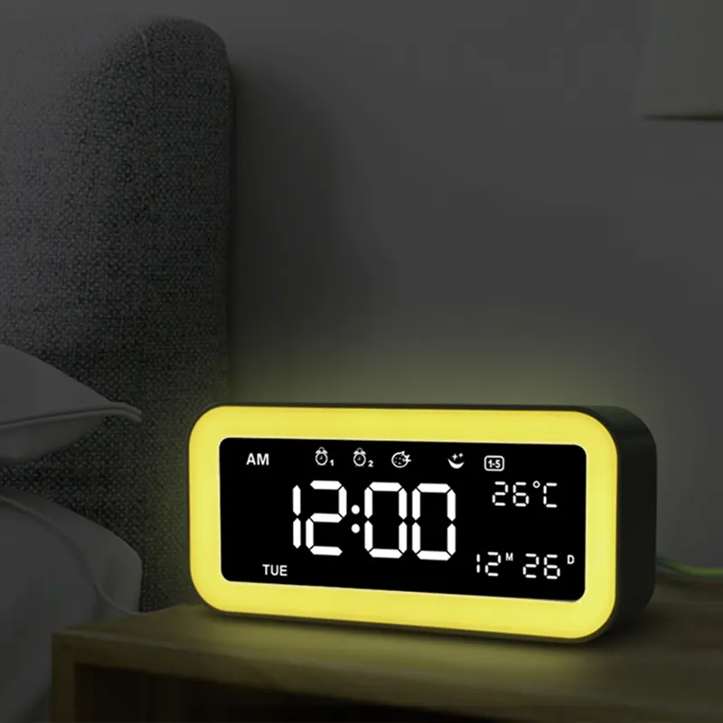 New creative mirror atmosphere light alarm clock music wake up electronic clock dual USB charging external interface