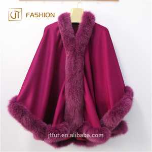 Wholesale Fashion Winter <strong>Women</strong> Real Fox Fur Coat Trimmed Plush Collar Custom <strong>Women</strong> Wool Cape <strong>Cloak</strong> - Product Image 4