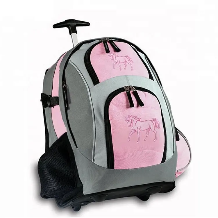 卸売最新ピンク馬ローリングバックパック馬旅行学校トロリーバックパック車輪付きバッグ付き