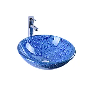 Salle de bain 16 ''Rond En Verre Trempé Lavabo Avec Goutte D'eau Bleu Motif