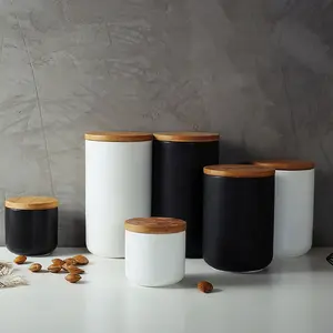 Pot en céramique avec couvercle en bois, pot en céramique blanc ou noir avec logo personnalisé, économique 24 pièces