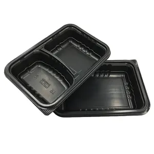 Recipiente de comida de plástico negro rectangular personalizado, contenedor de bandeja de comida CPET desechable de 2 compartimentos para restaurante